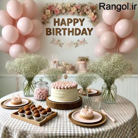 ایده تزیین میز تولد گل شمع کیک تولد تزیین میز لاکچری بادکنک میز تولد ساده شیک