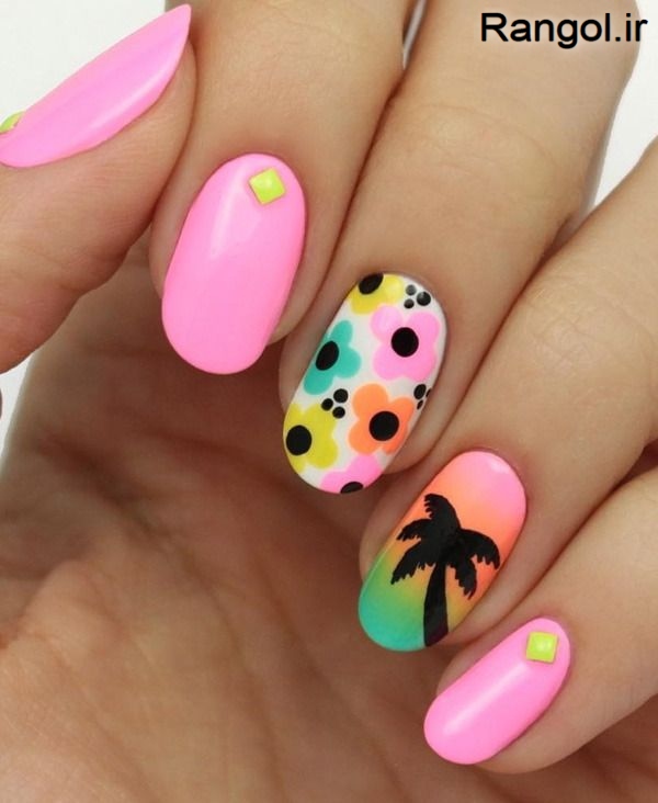 طراحی ناخن تابستانی رنگ شاد طراحی ناخن استخر دریا آفتاب ایده لاک ناخن