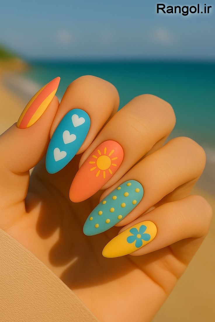طراحی ناخن تابستانی رنگ شاد طراحی ناخن استخر دریا آفتاب ایده لاک ناخن
