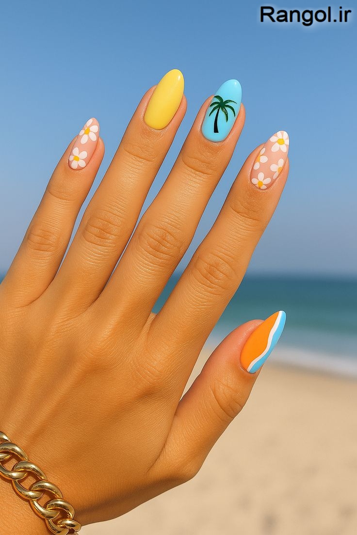 طراحی ناخن تابستانی رنگ شاد ایده طراحی ناخن تابستونی جدید شیک زرد آبی