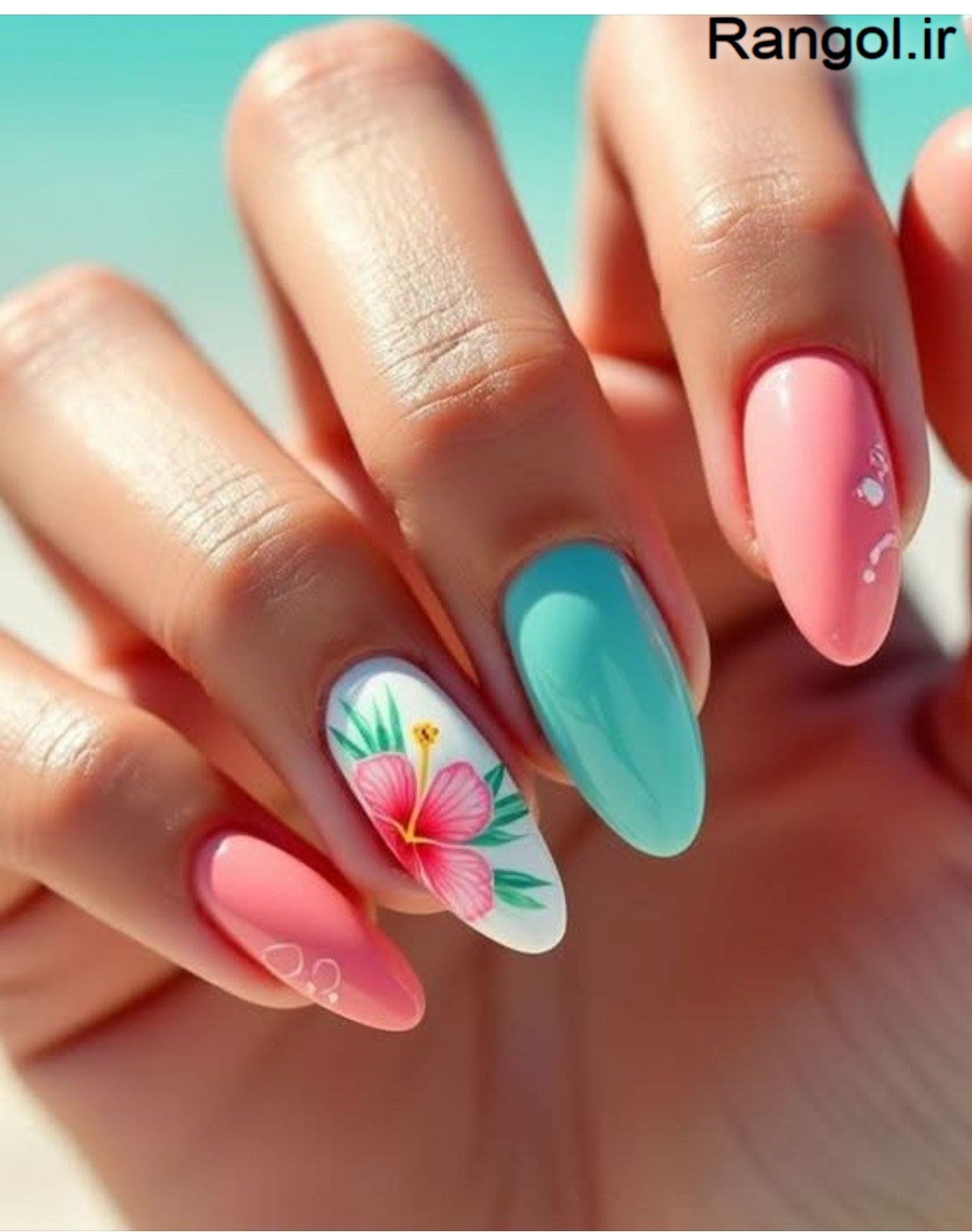 طراحی ناخن تابستانی رنگ شاد ایده طراحی ناخن تابستونی جدید شیک گلدار آبی صورتی گلبهی