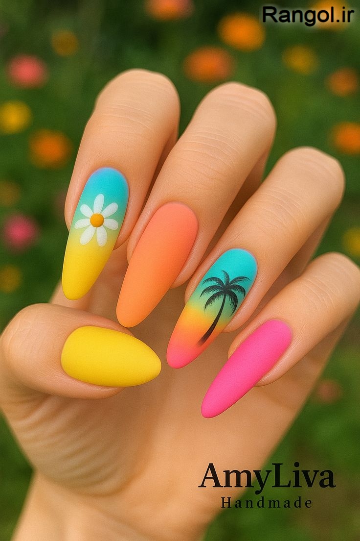 طراحی ناخن تابستانی رنگ شاد ایده طراحی ناخن تابستونی جدید شیک درخت نخل