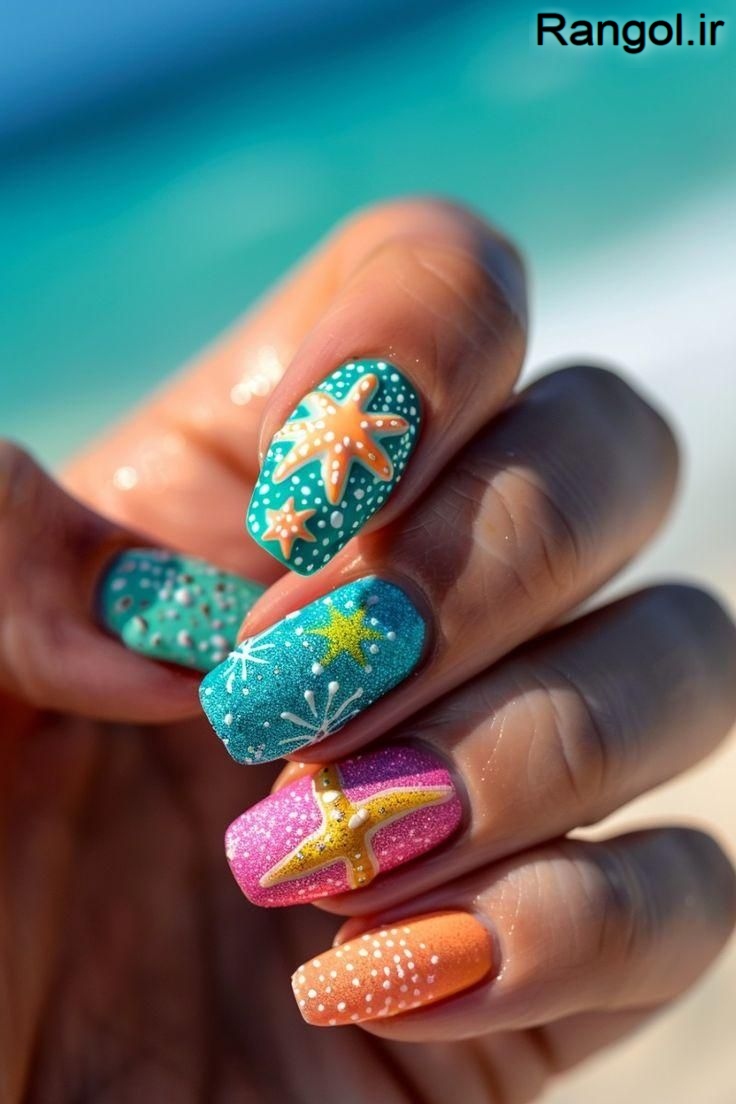 طراحی ناخن طراحی ناخن تابستانی رنگ شاد ایده طراحی ناخن تابستونی جدید شیک مرجان دریا صدف