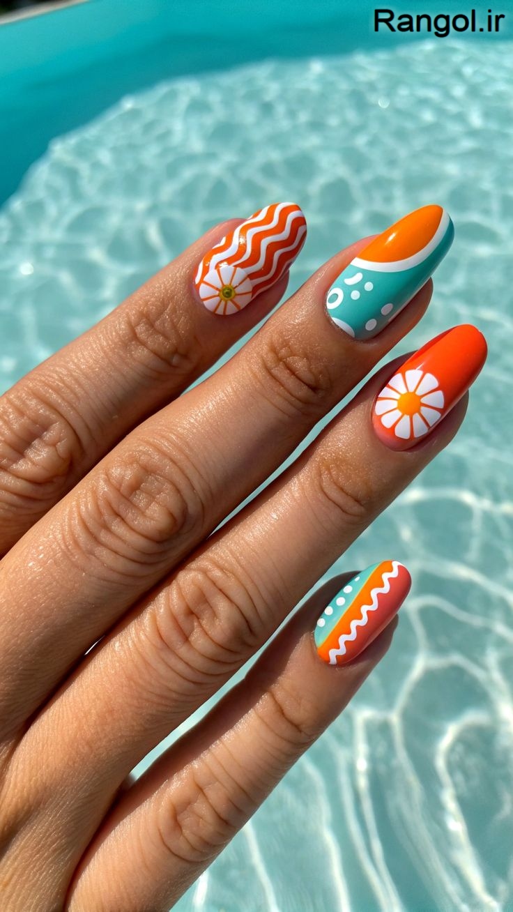 طراحی ناخن تابستانی رنگ شاد ایده طراحی ناخن تابستونی جدید شیک طرح ساده خط گل
