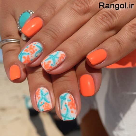 طراحی ناخن تابستانی رنگ شاد ایده طراحی ناخن تابستونی جدید شیک نارنجی آبی دریا