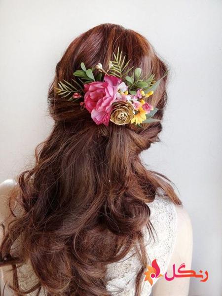 مدل شینیون عروس با گل طبیعی ریسه گل